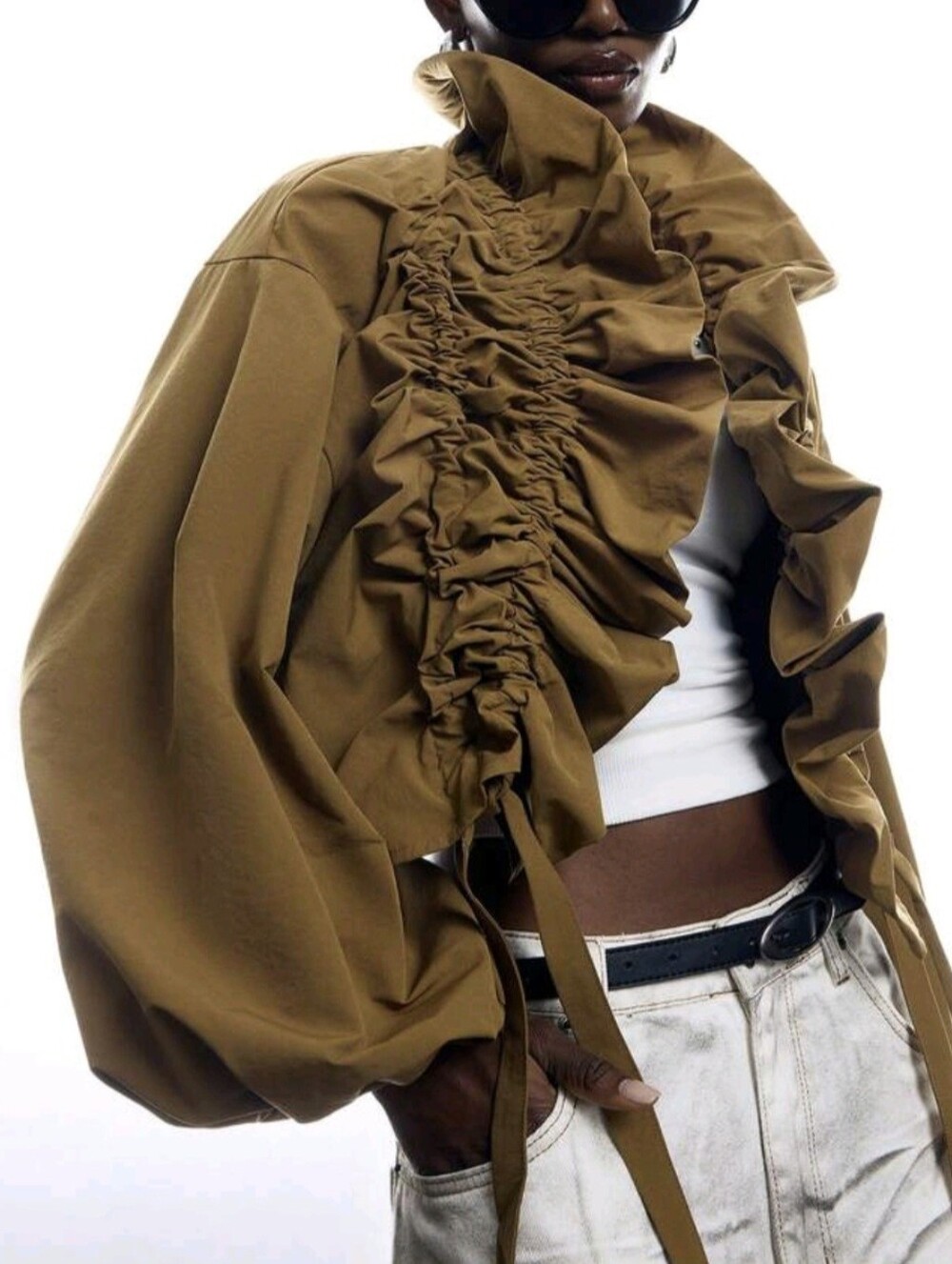 Women's Solid Color Long Sleeve Ruffle Drawstring Design Regular Jacket Office